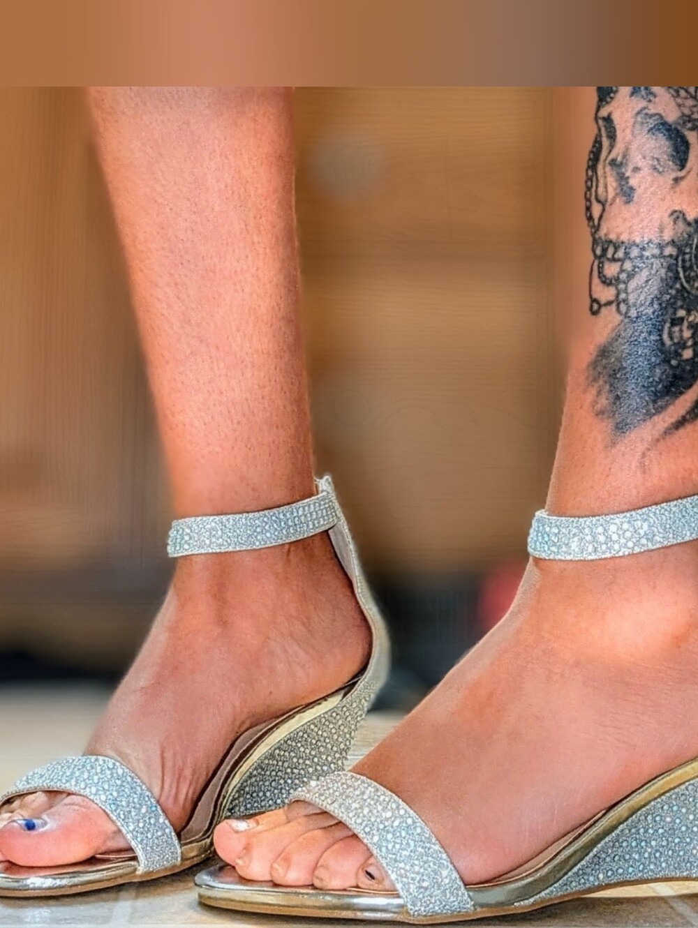 Silver Sparkle Ankle-Strap Wedge Sandals